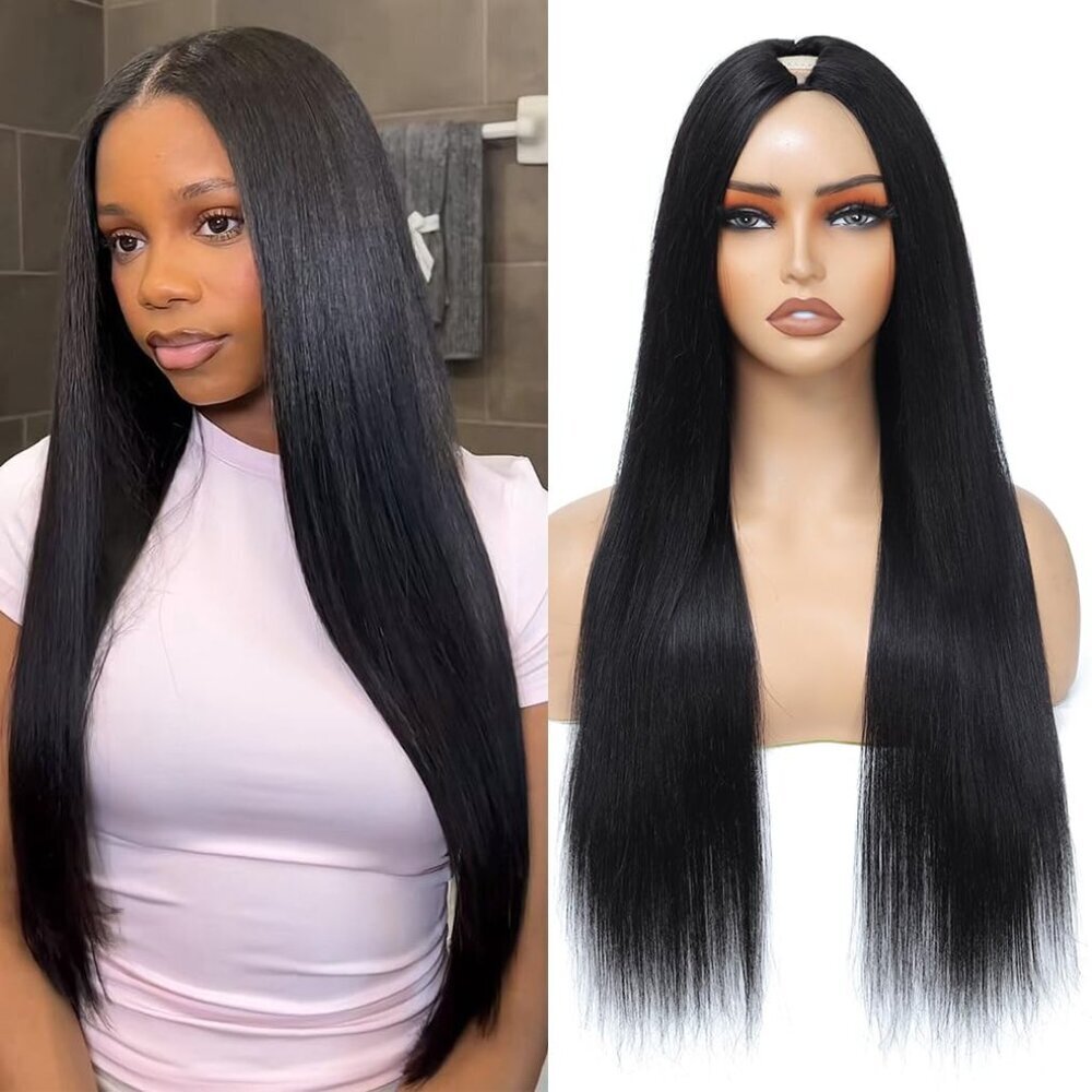 V Part Human Hair Wig 24 Inch Natural Black No Leave Out Glueless Half Wig